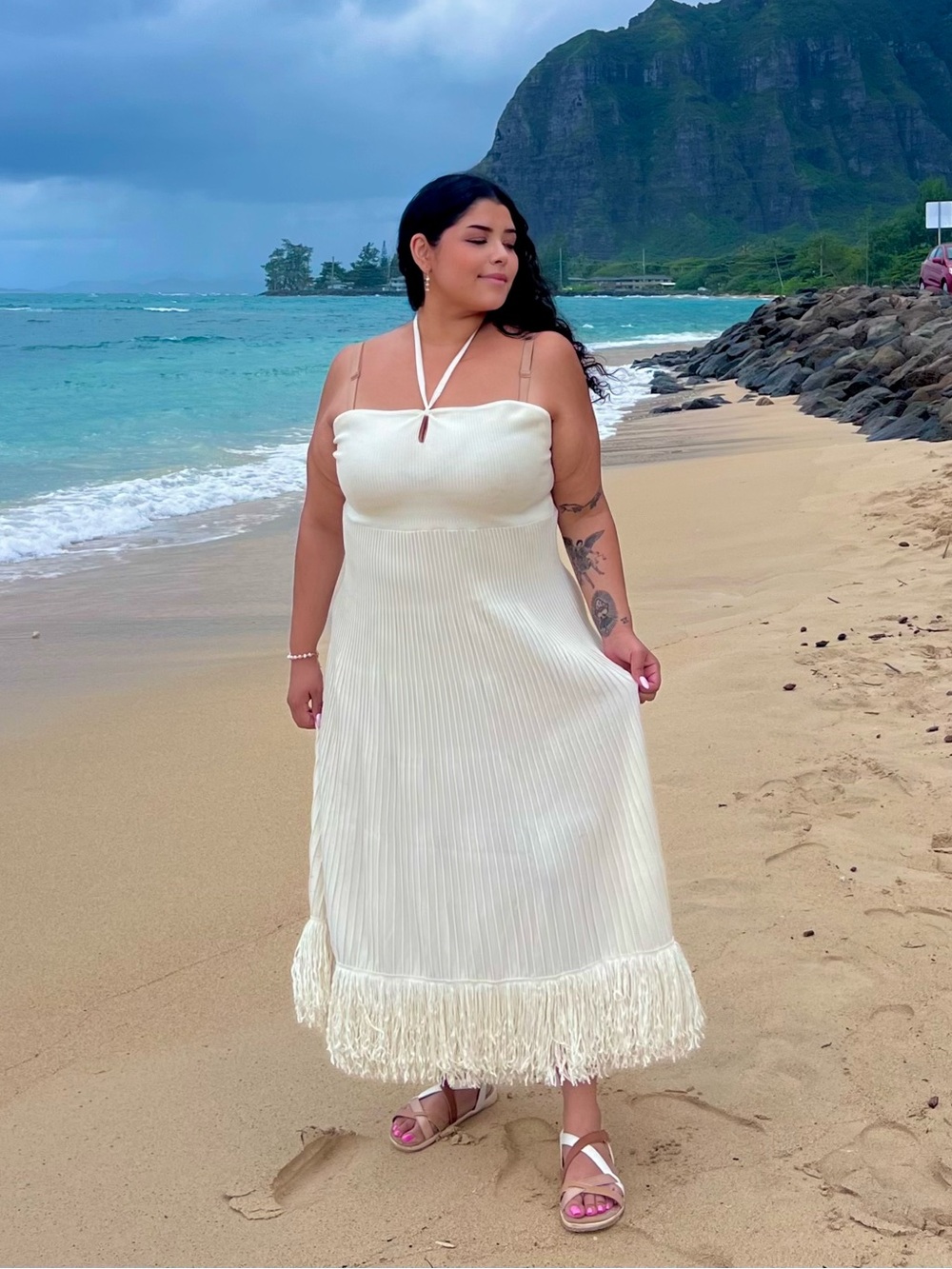 Express Cream Halter Maxi Dress with Fringe Hem